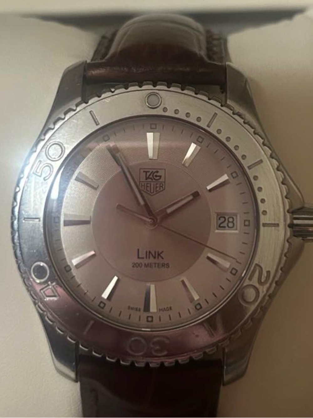 Tag Heuer Link Silver Case with Pink Champagne Dial and Brown Strap